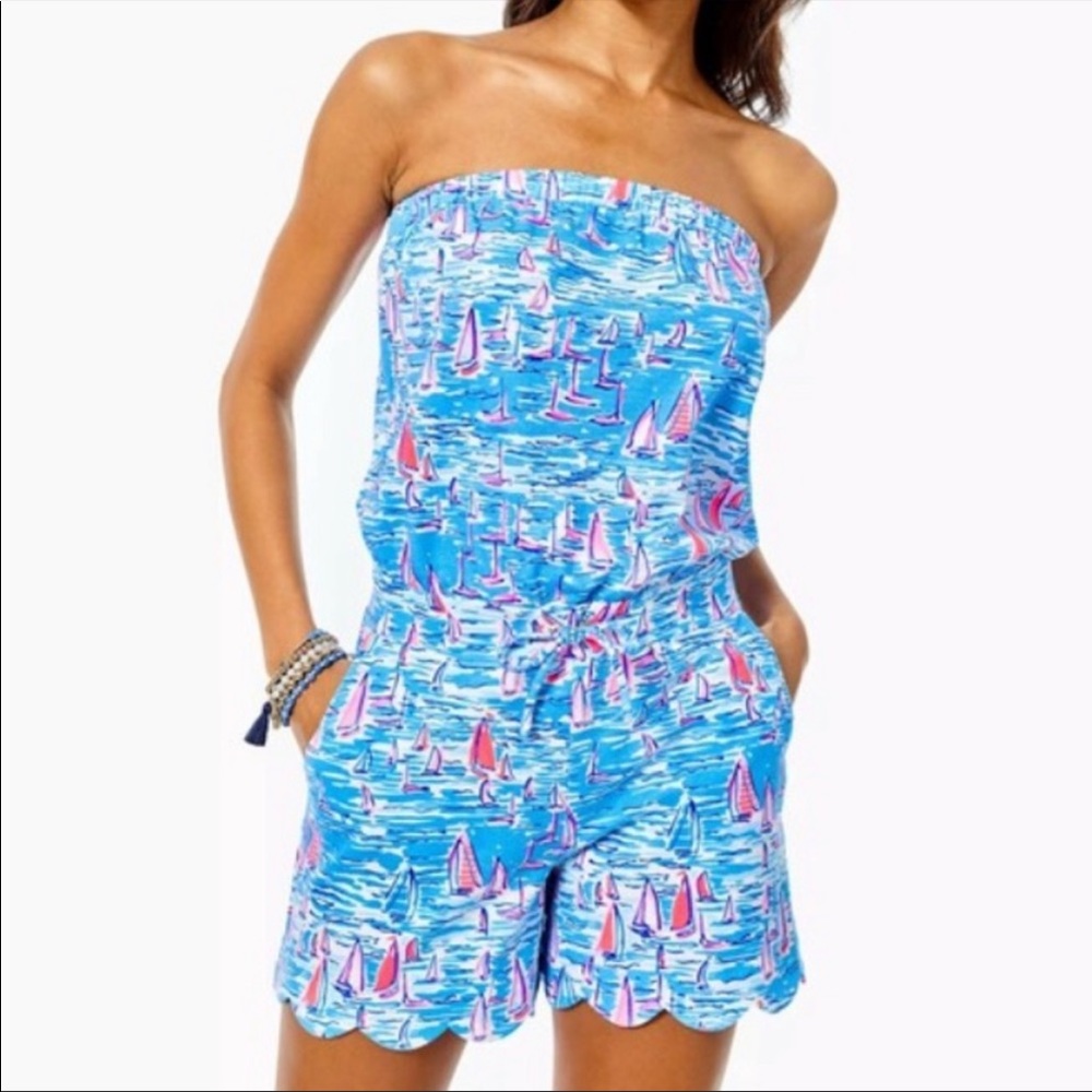 Blue and Pink Strapless Jumpsuit